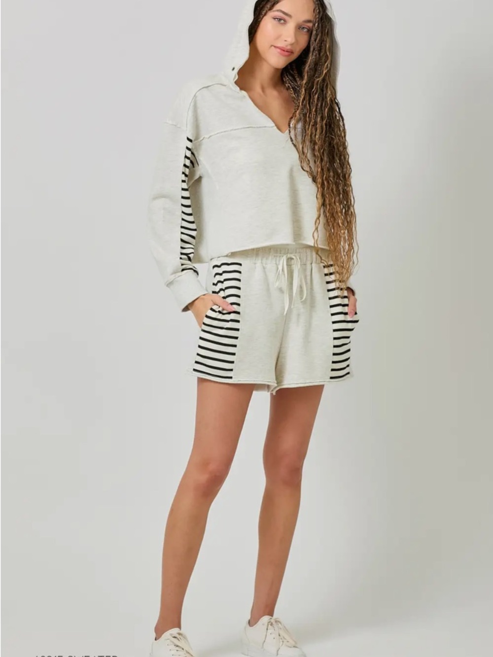 2021. French Terry striped pull on casual shorts in grey